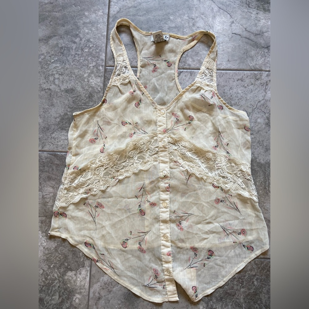 Myth Womens Large Top Sheer Sleeveless Cream Colour With Coral Brown Lace Button